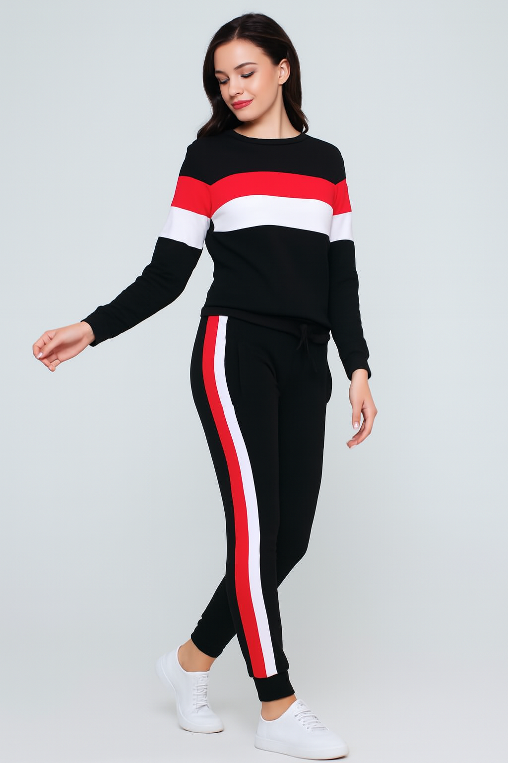 Women’s Black Tracksuit – Red & White Stripe Detail