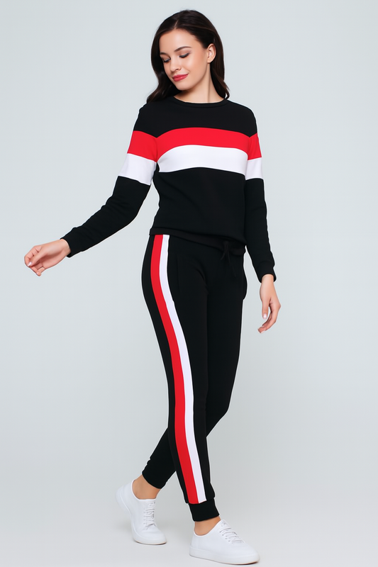 Women’s Black Tracksuit – Red & White Stripe Detail